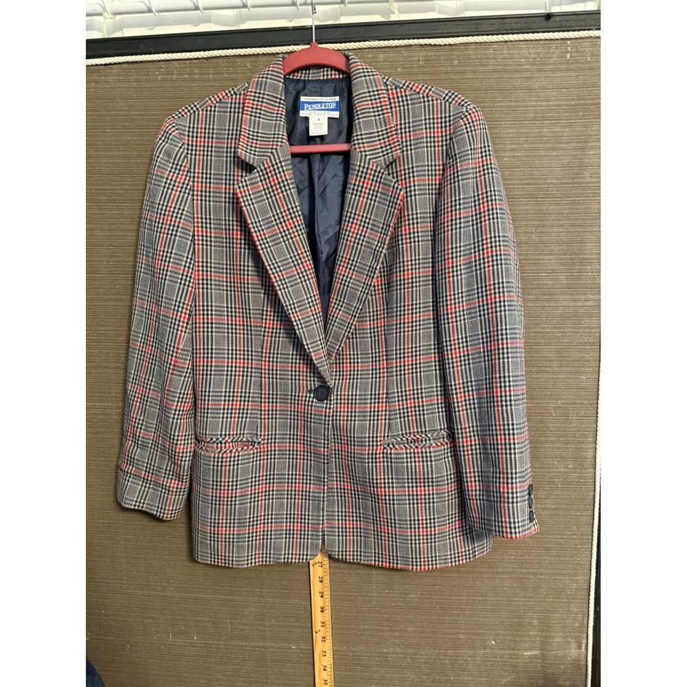 Pendleton Petite 100% Virgin Wool Plaid Blazer Jacket Navy red tan Size 8P